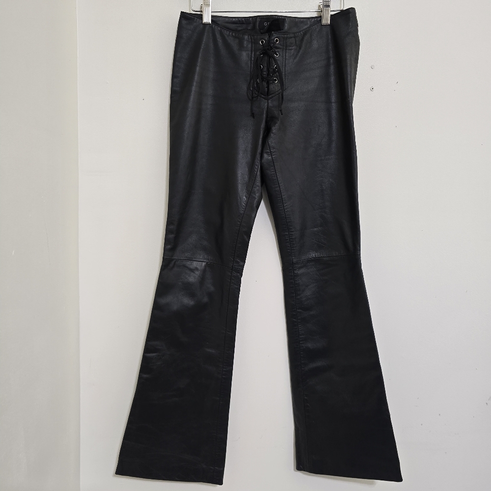 y2k GUESS size 0 Black Leather Lace Up Low Rise Bootcut Pants Biker Whimsigoth